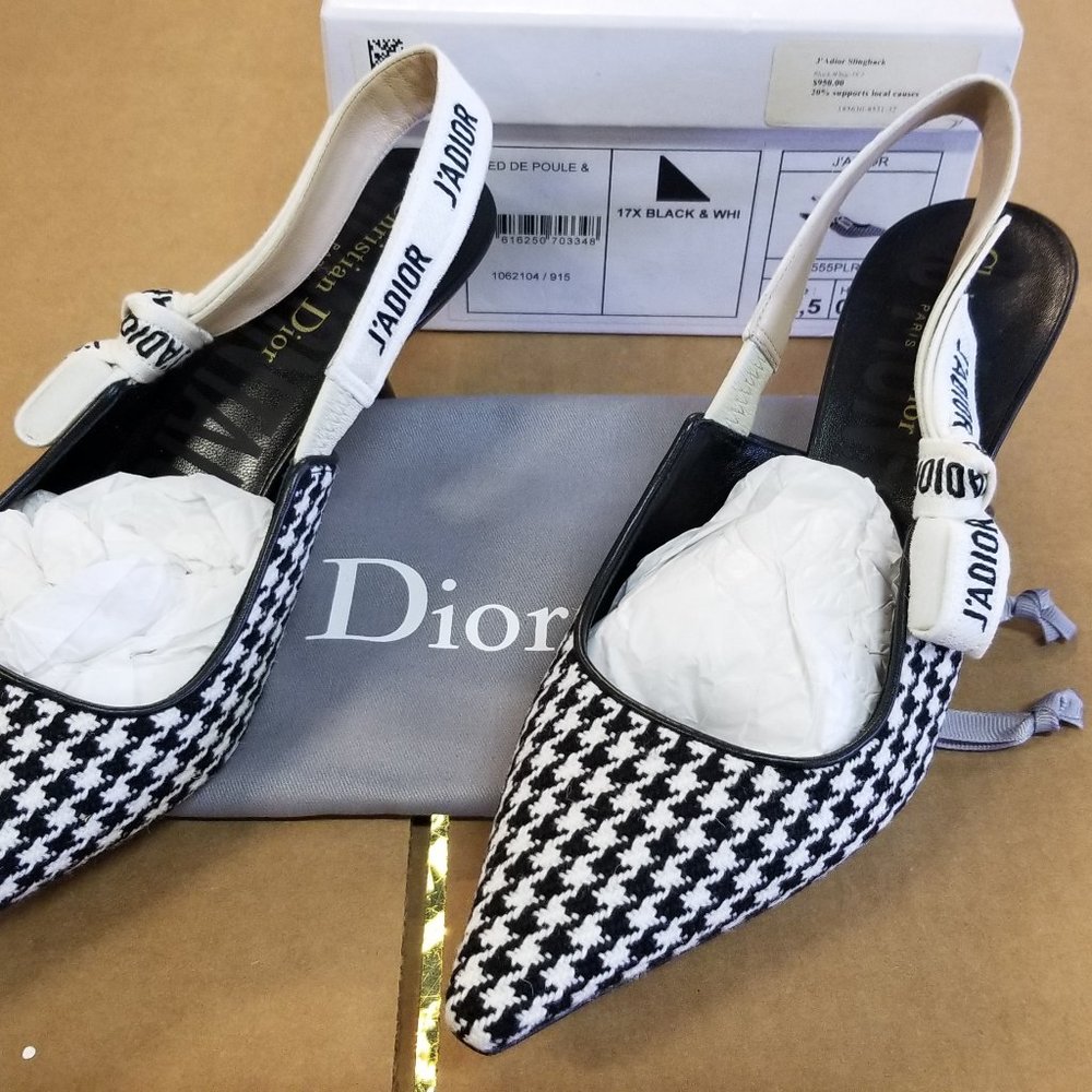 CHRISTIAN DIOR black & white HOUNDSTOOTH J'ADIOR Slingback Shoes 37.5